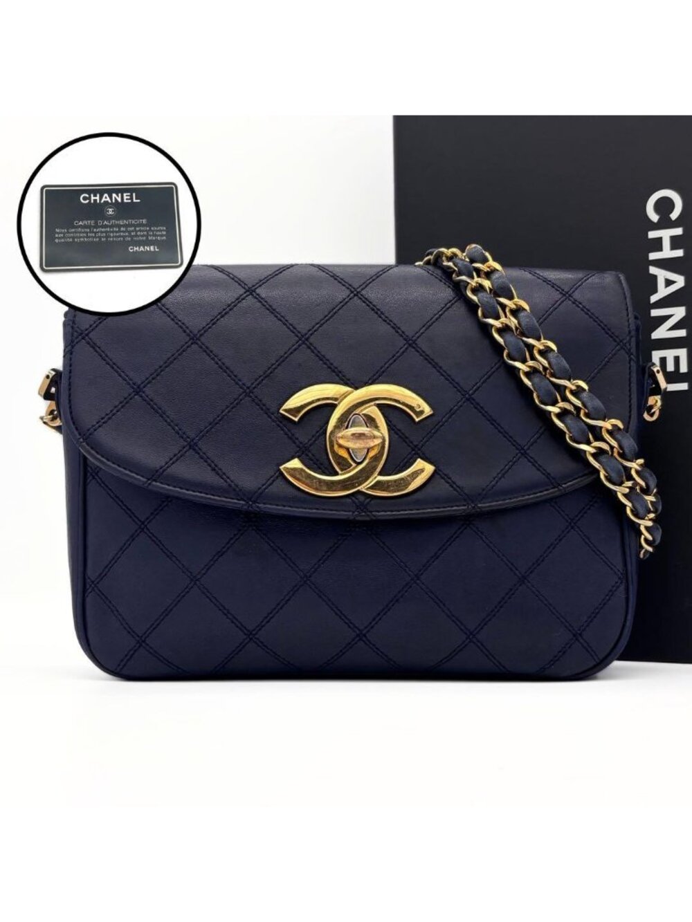Chanel Bicolor Lambskin Chain Shoulder Bag Flap Navy